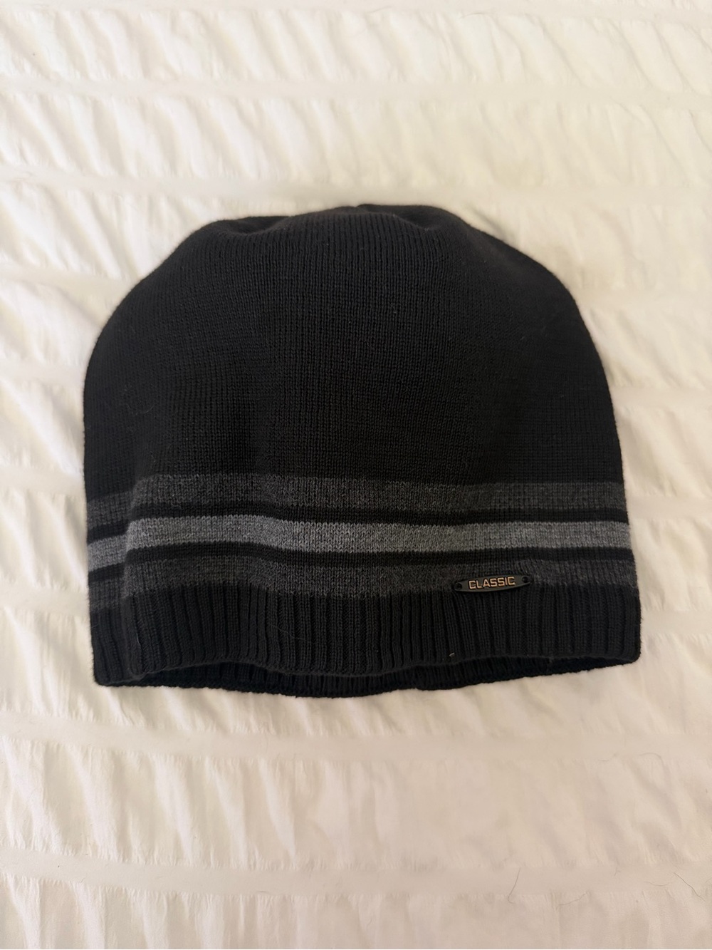 5 for $25! Classic Black Beanie with Gray Stripes